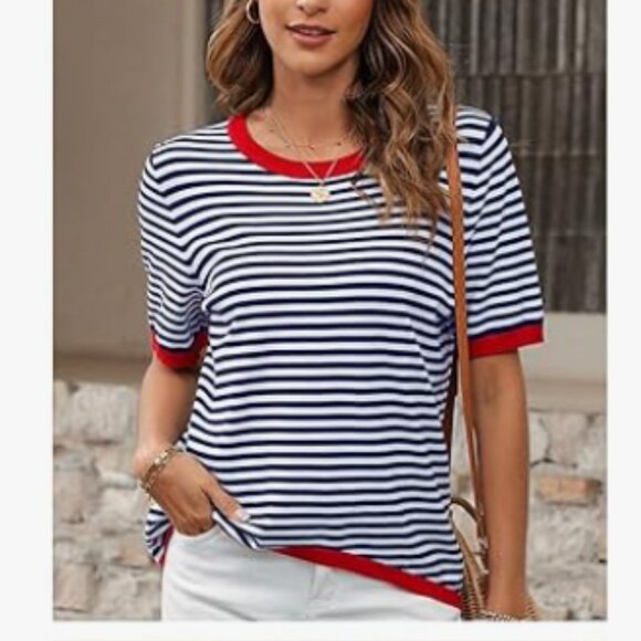 *SALE*  Short sleeve Navy/White Striped Sweater Red Accents - Picture 1 of 7